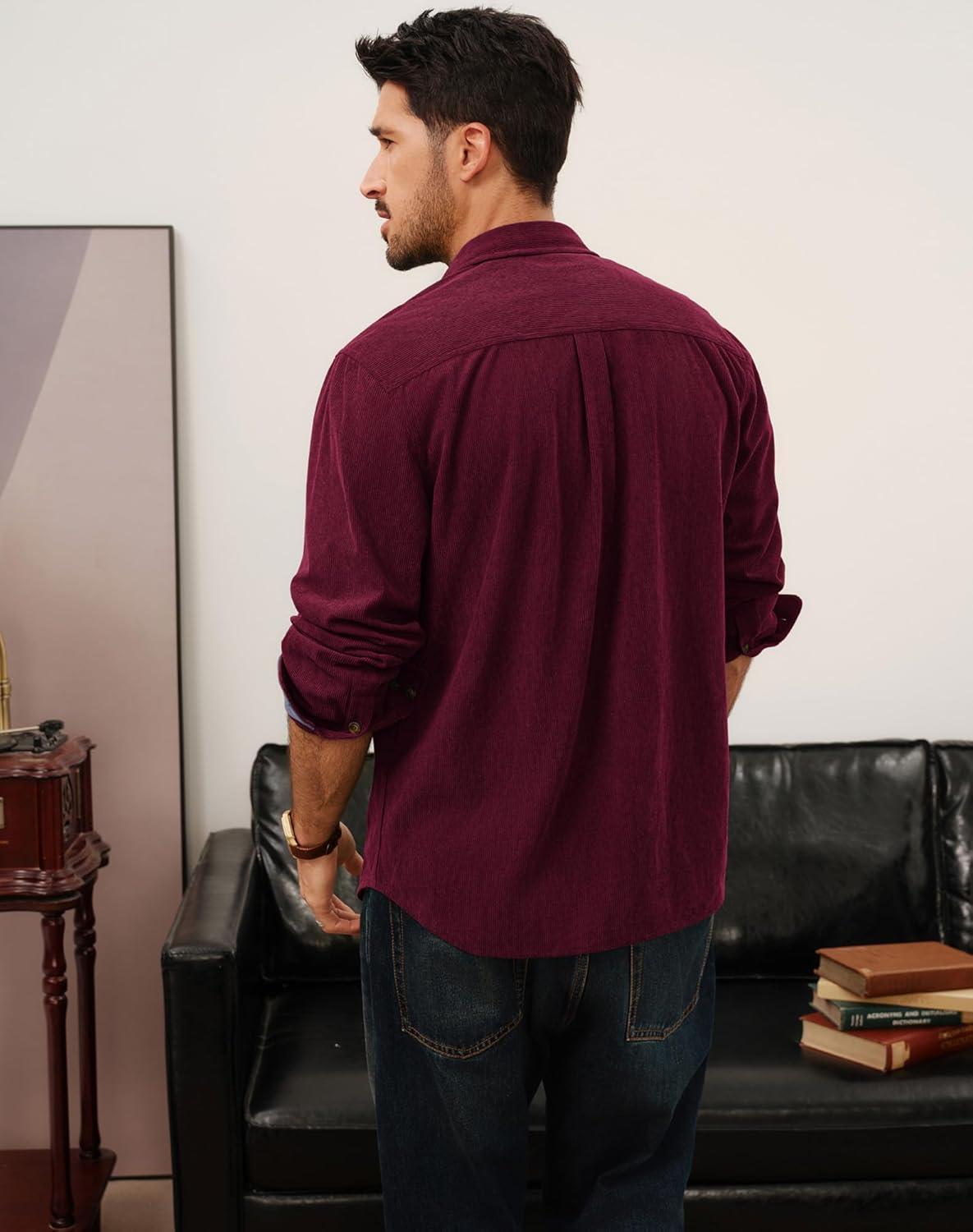 imagePJ PAUL JONES Mens Corduroy Button Down Shirt Long Sleeve Casual Collared Wrinkle Free Untucked Shirts with PocketWine Red