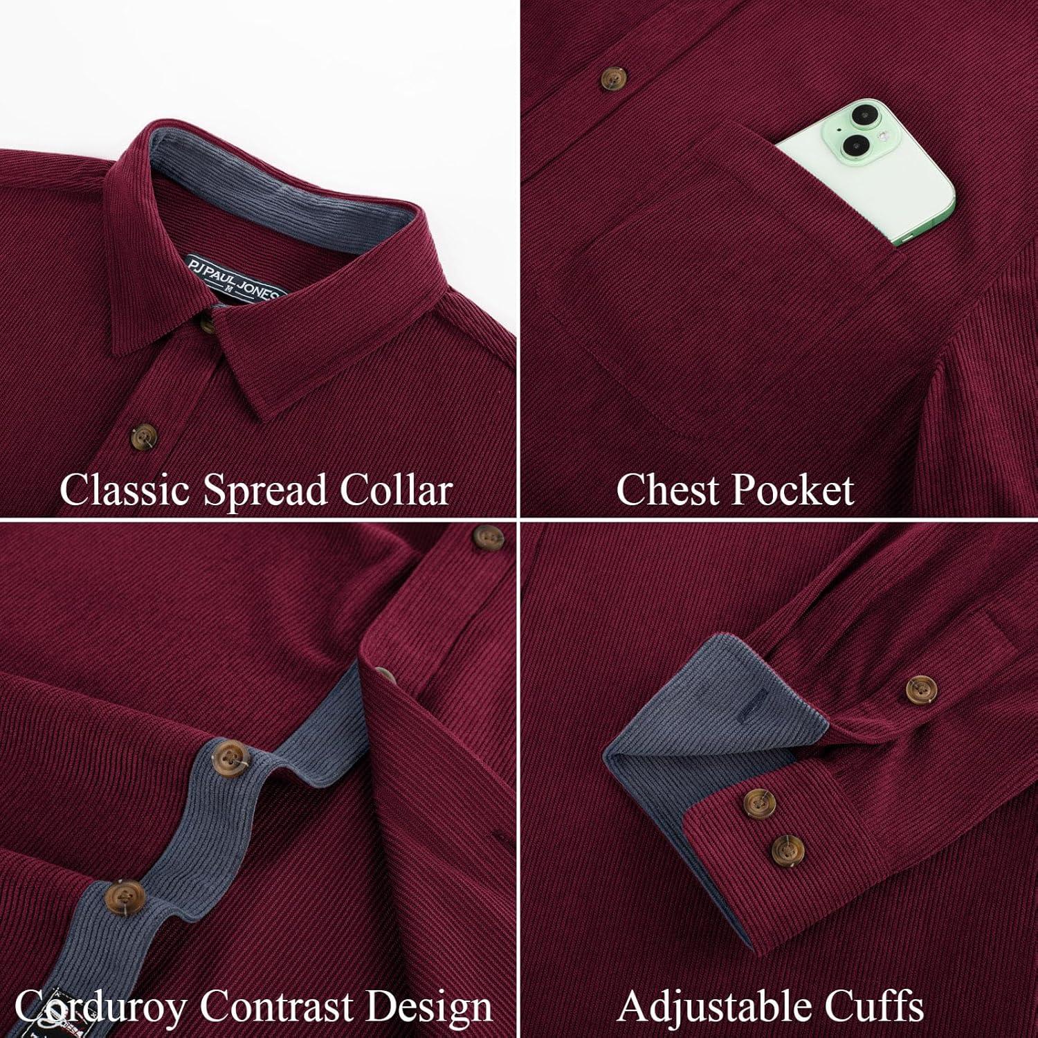 imagePJ PAUL JONES Mens Corduroy Button Down Shirt Long Sleeve Casual Collared Wrinkle Free Untucked Shirts with PocketWine Red