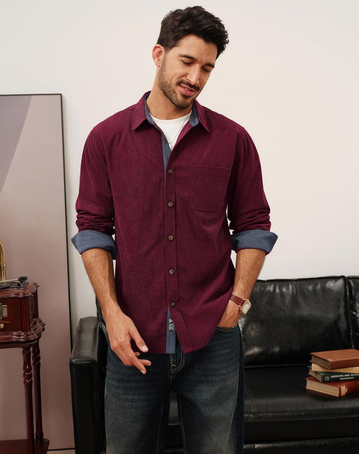 imagePJ PAUL JONES Mens Corduroy Button Down Shirt Long Sleeve Casual Collared Wrinkle Free Untucked Shirts with PocketWine Red