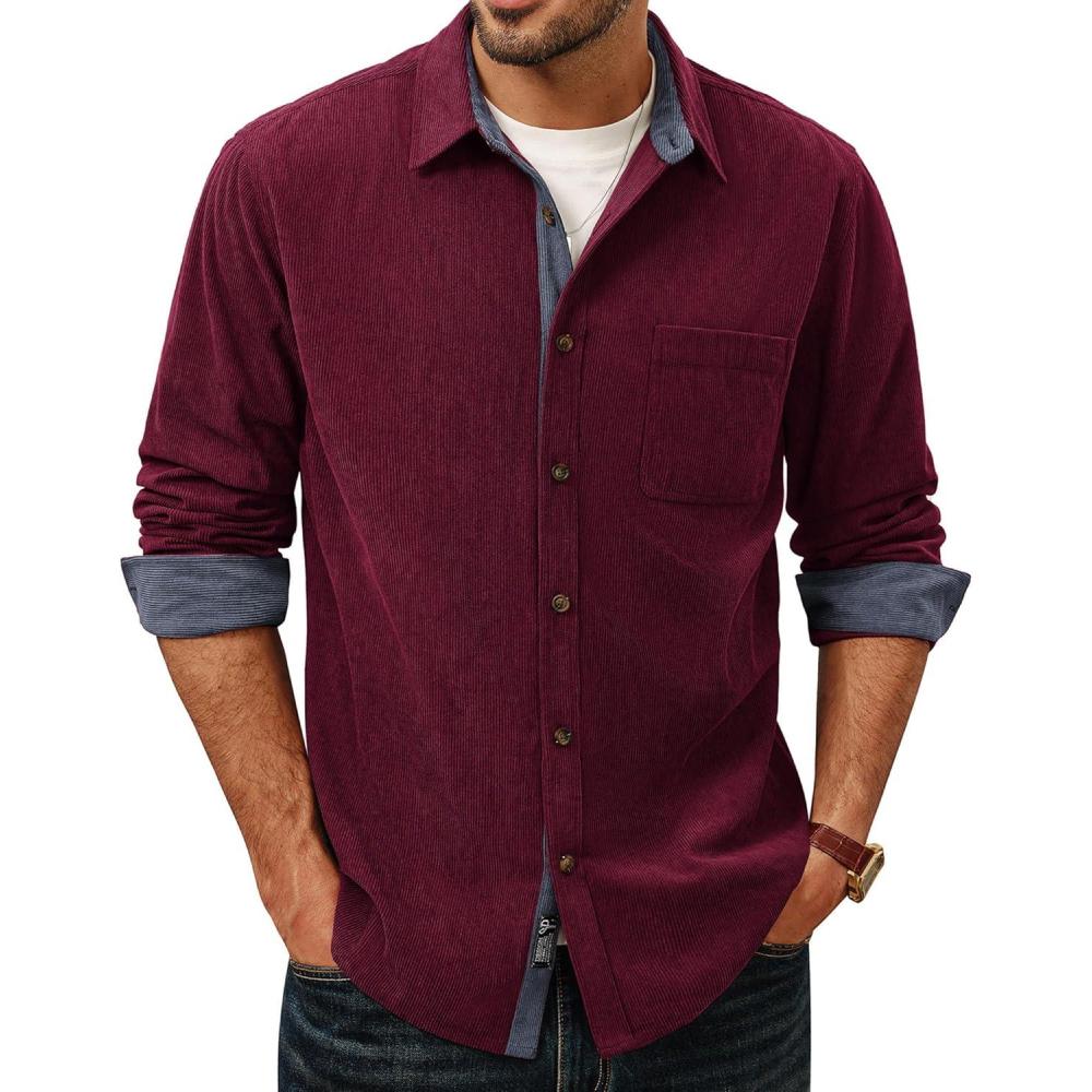 imagePJ PAUL JONES Mens Corduroy Button Down Shirt Long Sleeve Casual Collared Wrinkle Free Untucked Shirts with PocketWine Red