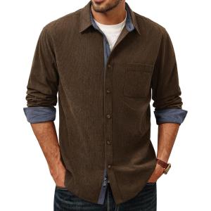 PJ PAUL JONES Men’s Corduroy Button Down Shirt Long Sleeve Casual Collared Wrinkle Free Untucked Shirts with Pocket(Coffee)