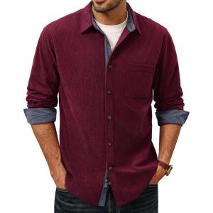 PJ PAUL JONES Men’s Corduroy Button Down Shirt Long Sleeve Casual Collared Wrinkle Free Untucked Shirts with Pocket(Wine Red)