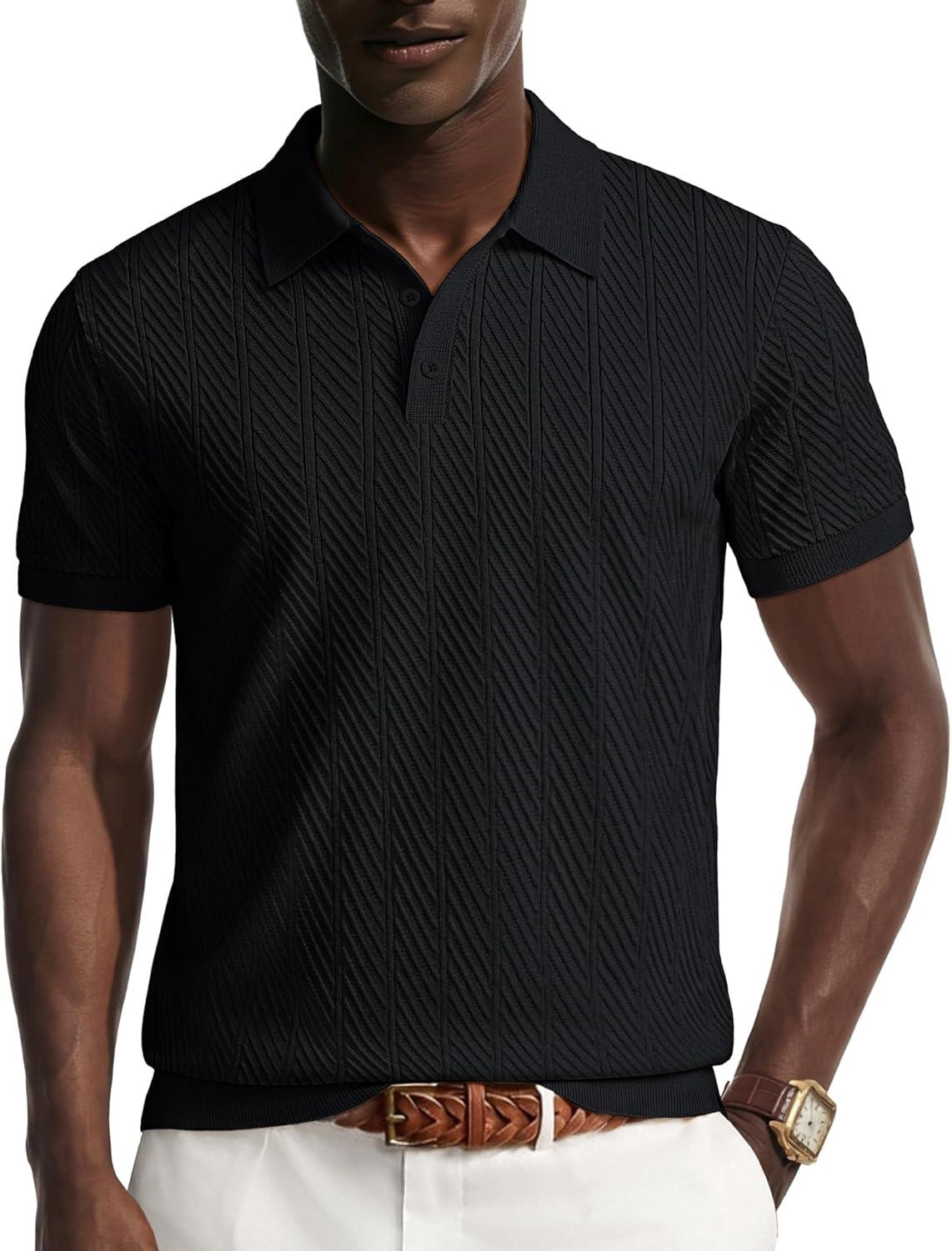 imagePJ PAUL JONES Mens Knit Polo Shirt Short Sleeve Shirt Texture Knitted Polo Casual ShirtsBlack