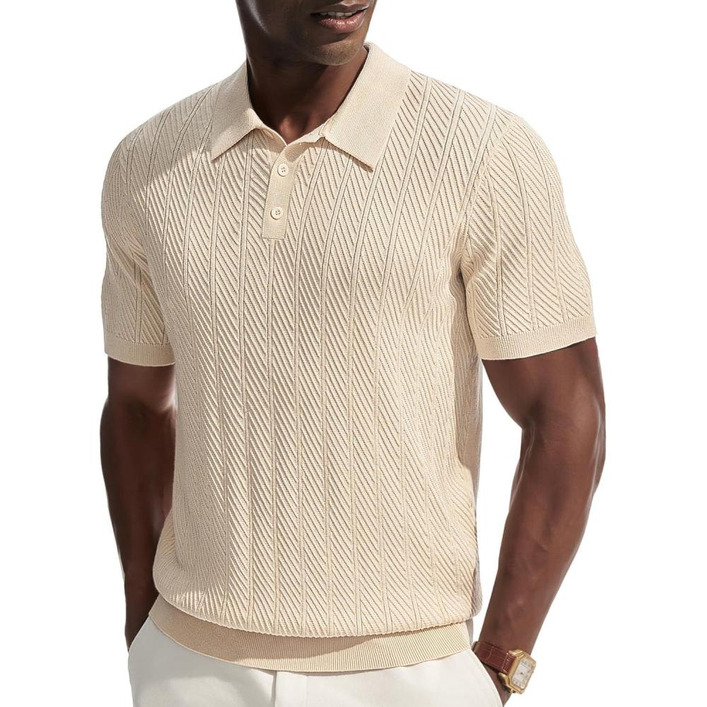 imagePJ PAUL JONES Mens Knit Polo Shirt Short Sleeve Shirt Texture Knitted Polo Casual ShirtsApricot