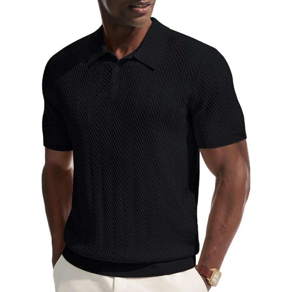 imagePJ PAUL JONES Mens Knit Polo Shirt Short Sleeve Shirt Texture Knitted Polo Casual ShirtsBlack