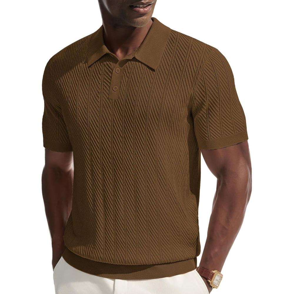 imagePJ PAUL JONES Mens Knit Polo Shirt Short Sleeve Shirt Texture Knitted Polo Casual ShirtsCoffee