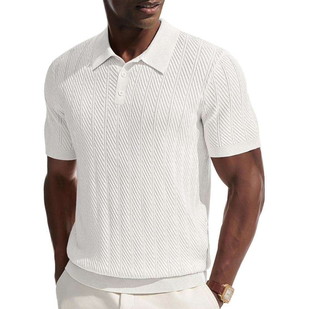 imagePJ PAUL JONES Mens Knit Polo Shirt Short Sleeve Shirt Texture Knitted Polo Casual ShirtsWhite