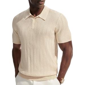 PJ PAUL JONES Mens Knit Polo Shirt Short Sleeve Shirt Texture Knitted Polo Casual Shirts(Apricot)