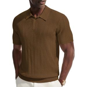 PJ PAUL JONES Mens Knit Polo Shirt Short Sleeve Shirt Texture Knitted Polo Casual Shirts(Coffee)