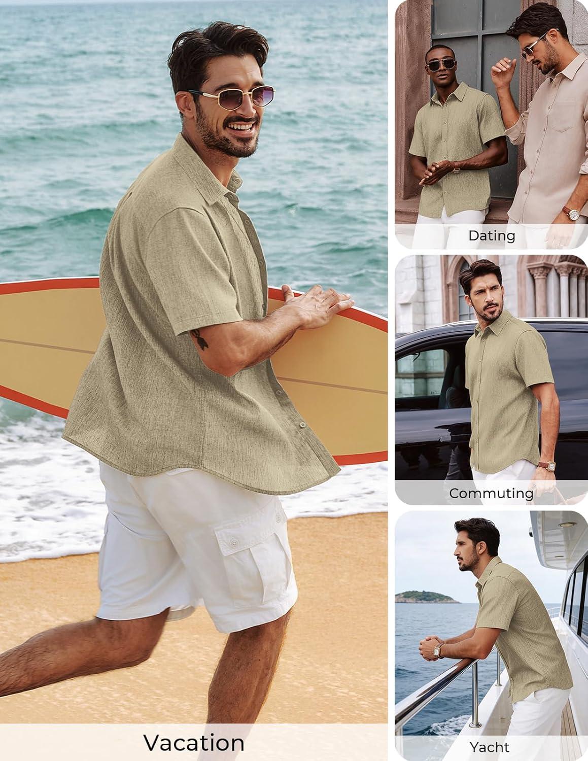 imagePJ PAUL JONES Mens Button Down Short Sleeve Shirt Casual Linen Summer Beach Vacation Shirts for MenApricot