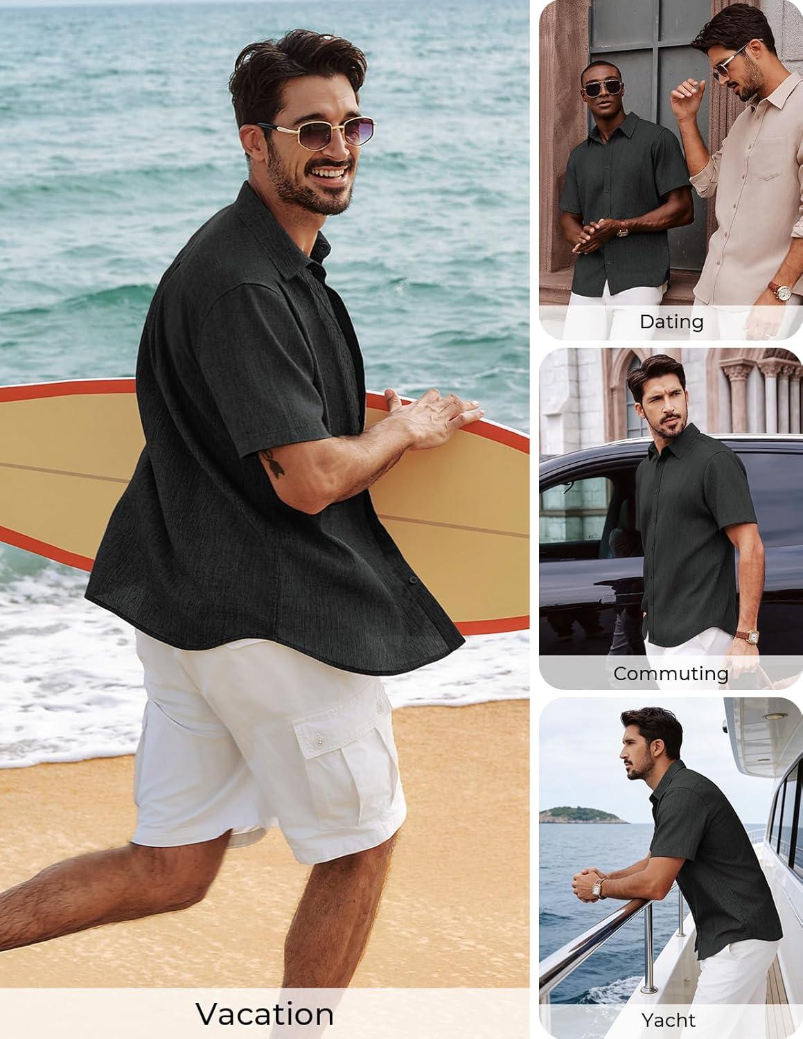 imagePJ PAUL JONES Mens Button Down Short Sleeve Shirt Casual Linen Summer Beach Vacation Shirts for MenBlack