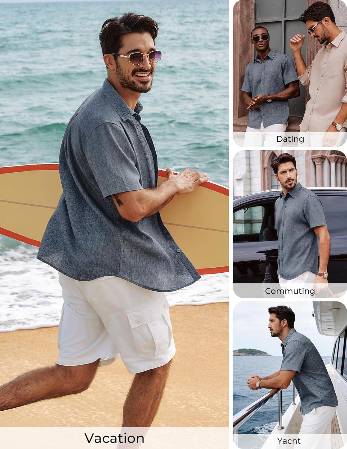 imagePJ PAUL JONES Mens Button Down Short Sleeve Shirt Casual Linen Summer Beach Vacation Shirts for MenDenim Blue