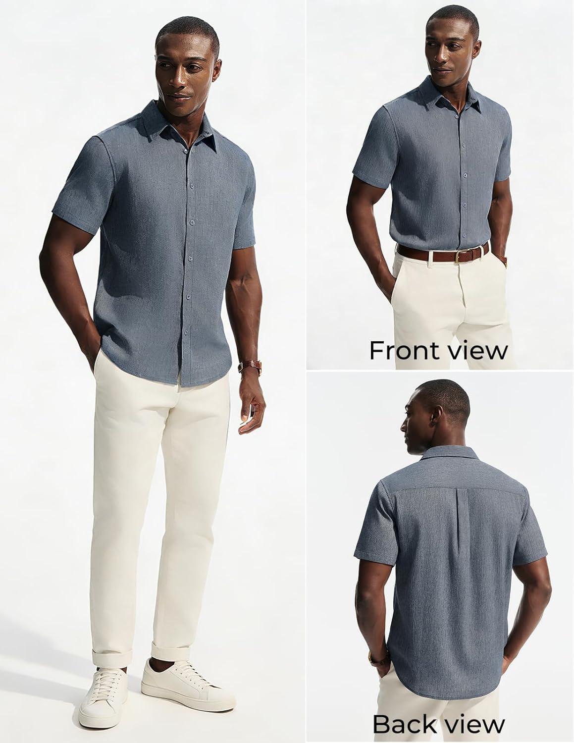 imagePJ PAUL JONES Mens Button Down Short Sleeve Shirt Casual Linen Summer Beach Vacation Shirts for MenDenim Blue