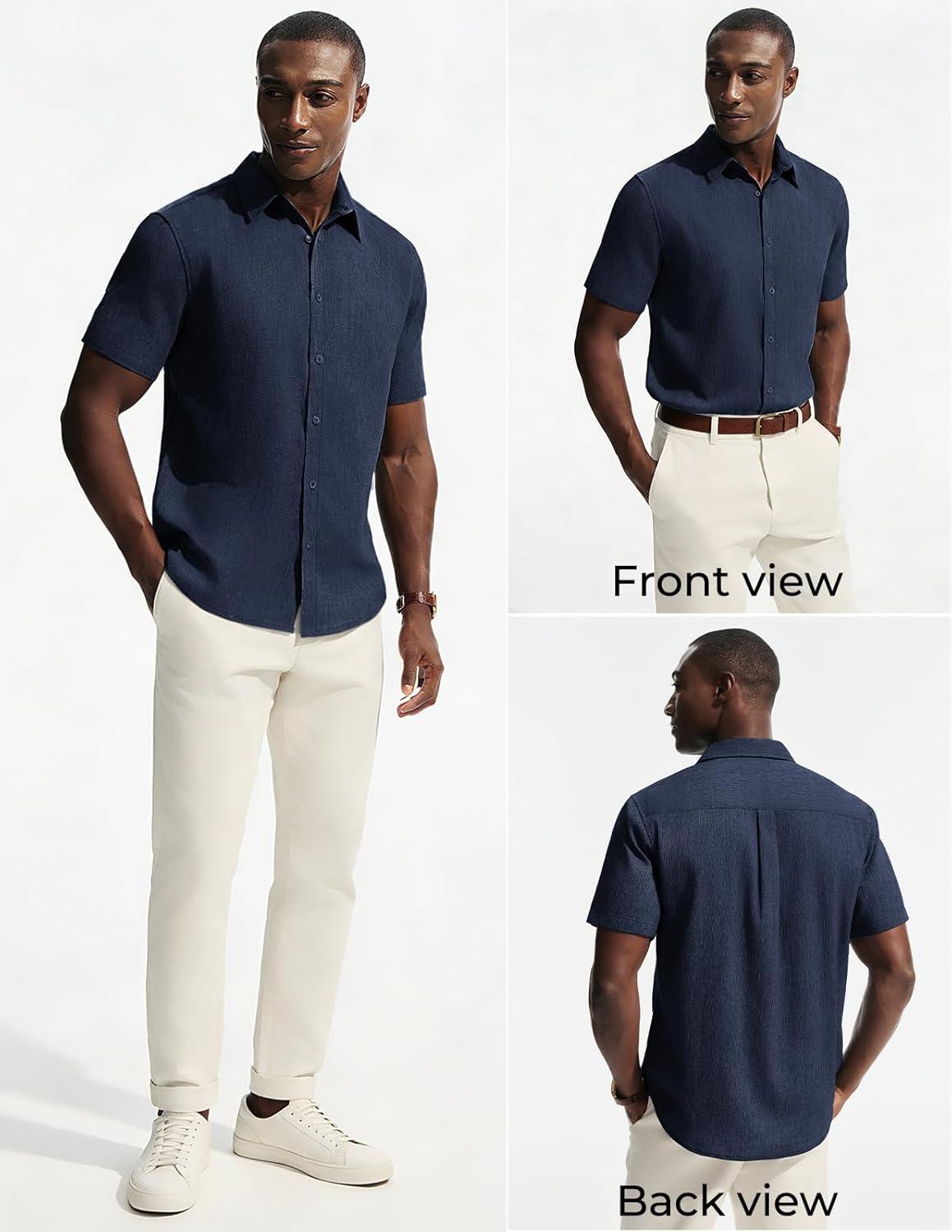 imagePJ PAUL JONES Mens Button Down Short Sleeve Shirt Casual Linen Summer Beach Vacation Shirts for MenNavy