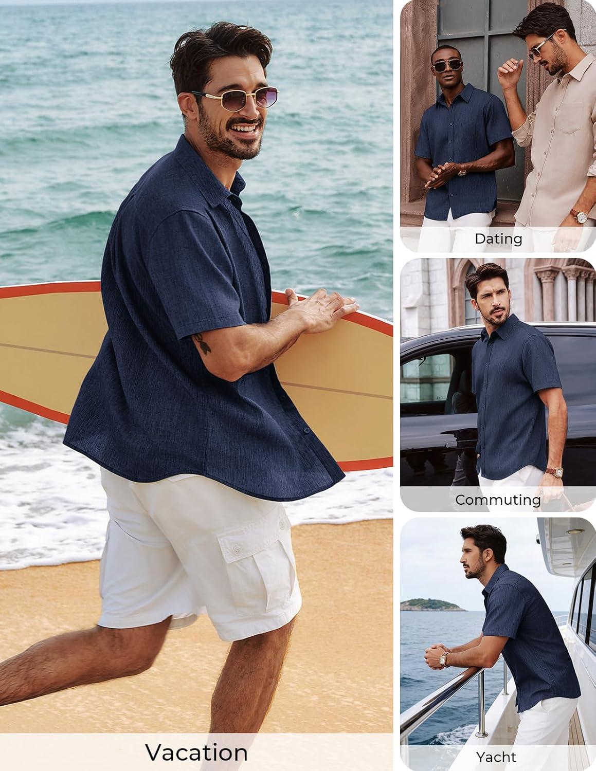 imagePJ PAUL JONES Mens Button Down Short Sleeve Shirt Casual Linen Summer Beach Vacation Shirts for MenNavy