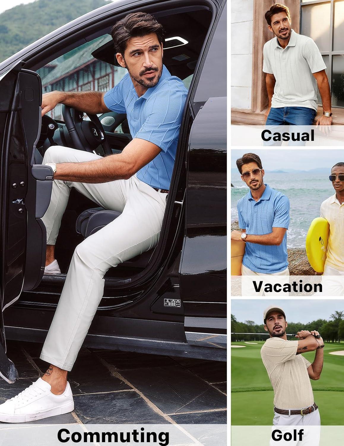 imagePJ PAUL JONES Mens Knit Polo Shirts Short Sleeve Textured Polo Golf Collared Shirt Casual Vacation Fashion TopsBeige