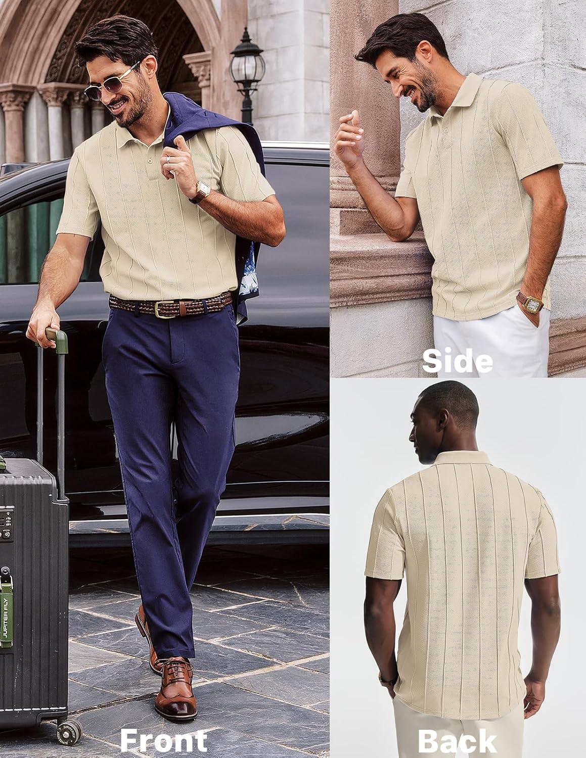 imagePJ PAUL JONES Mens Knit Polo Shirts Short Sleeve Textured Polo Golf Collared Shirt Casual Vacation Fashion TopsBeige