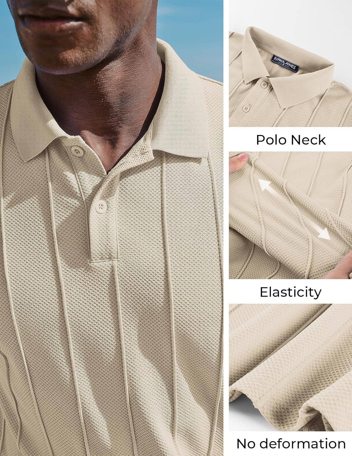 imagePJ PAUL JONES Mens Knit Polo Shirts Short Sleeve Textured Polo Golf Collared Shirt Casual Vacation Fashion TopsBeige