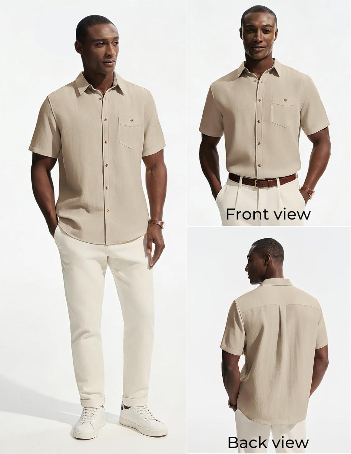imagePJ PAUL JONES Mens Linen Shirts Short Sleeve Button Down Shirt Wrinkle Free Dress Shirt Casual Summer Shirt with PocketApricot