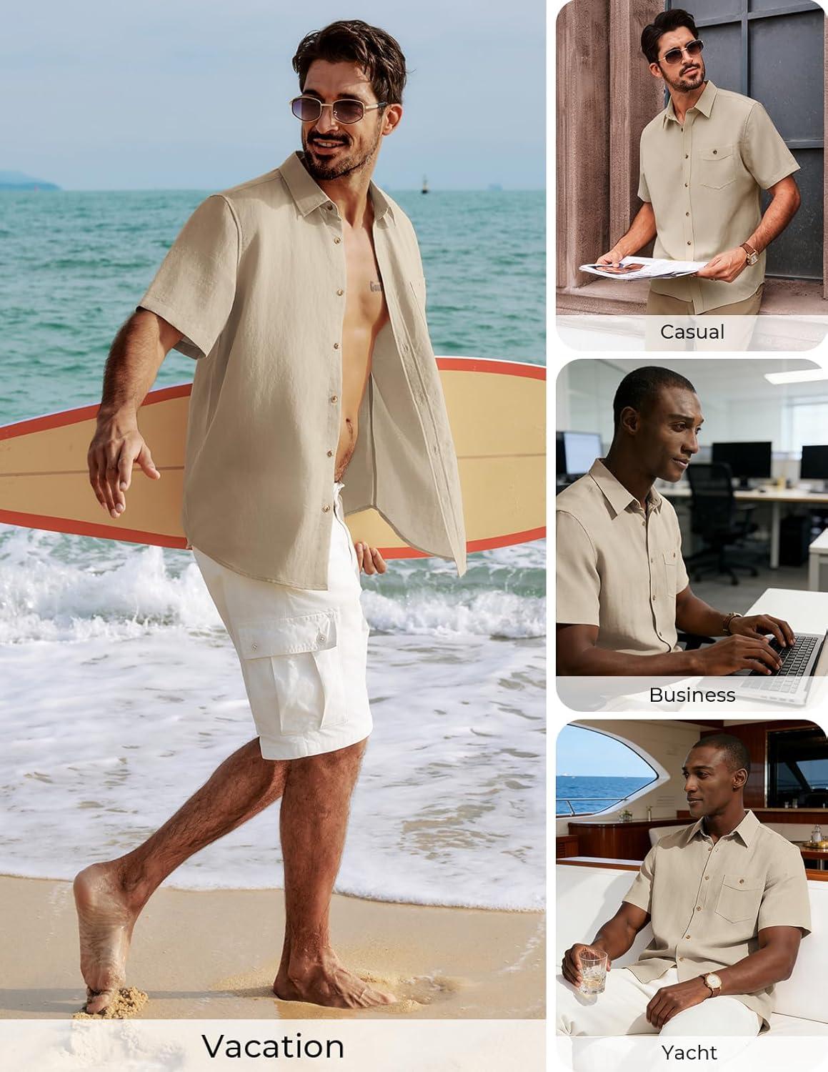 imagePJ PAUL JONES Mens Linen Shirts Short Sleeve Button Down Shirt Wrinkle Free Dress Shirt Casual Summer Shirt with PocketApricot