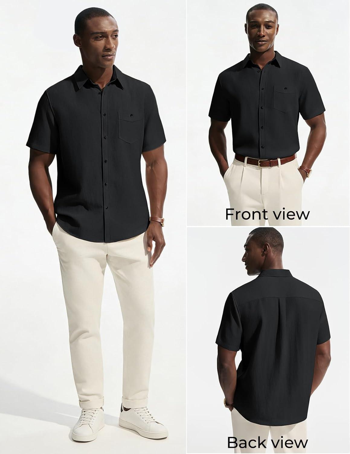 imagePJ PAUL JONES Mens Linen Shirts Short Sleeve Button Down Shirt Wrinkle Free Dress Shirt Casual Summer Shirt with PocketBlack