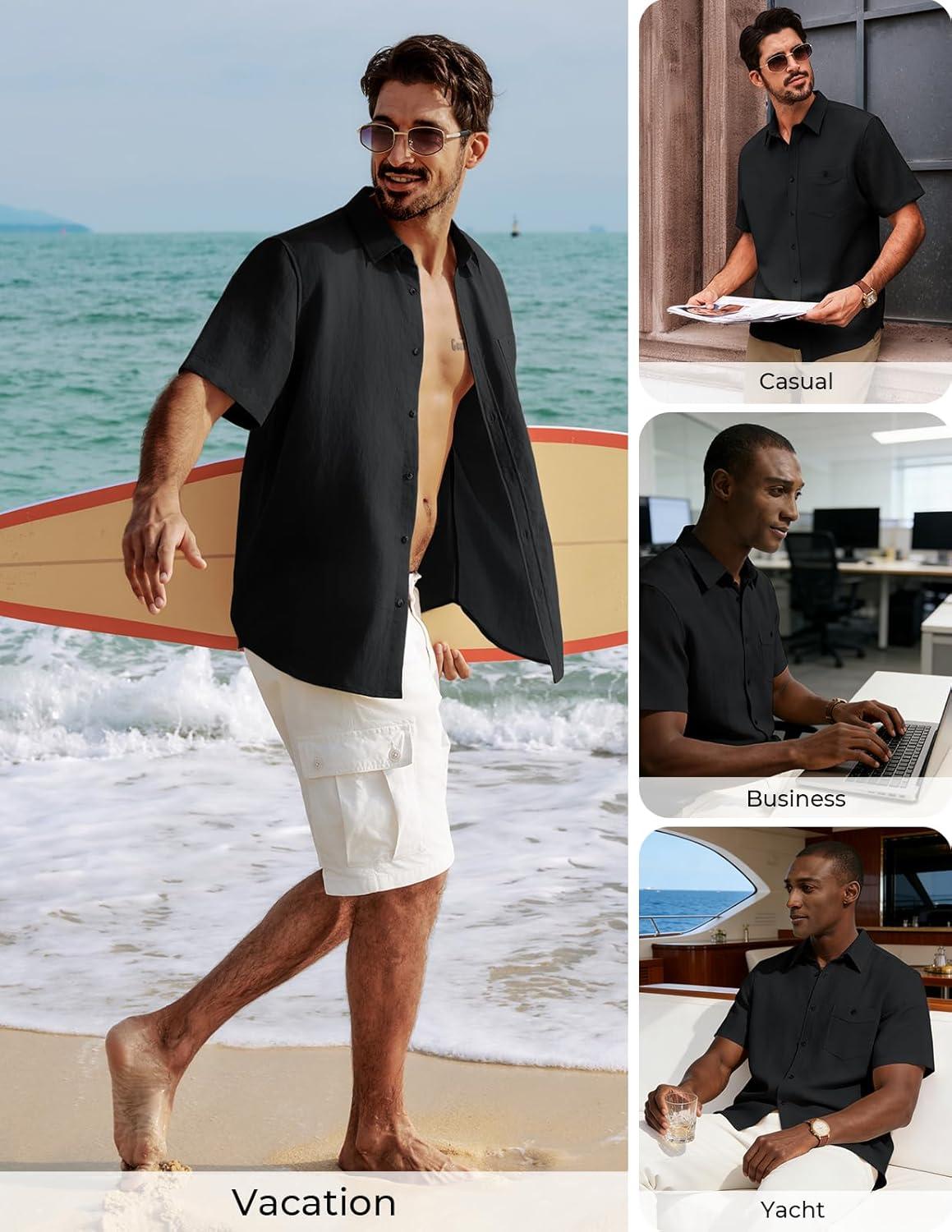 imagePJ PAUL JONES Mens Linen Shirts Short Sleeve Button Down Shirt Wrinkle Free Dress Shirt Casual Summer Shirt with PocketBlack