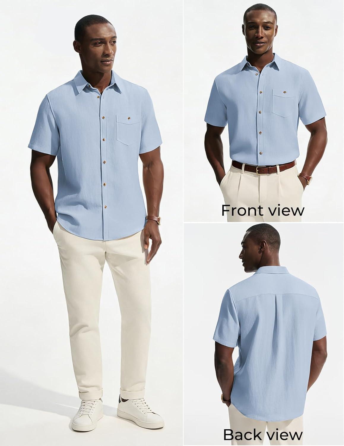 imagePJ PAUL JONES Mens Linen Shirts Short Sleeve Button Down Shirt Wrinkle Free Dress Shirt Casual Summer Shirt with PocketBlue