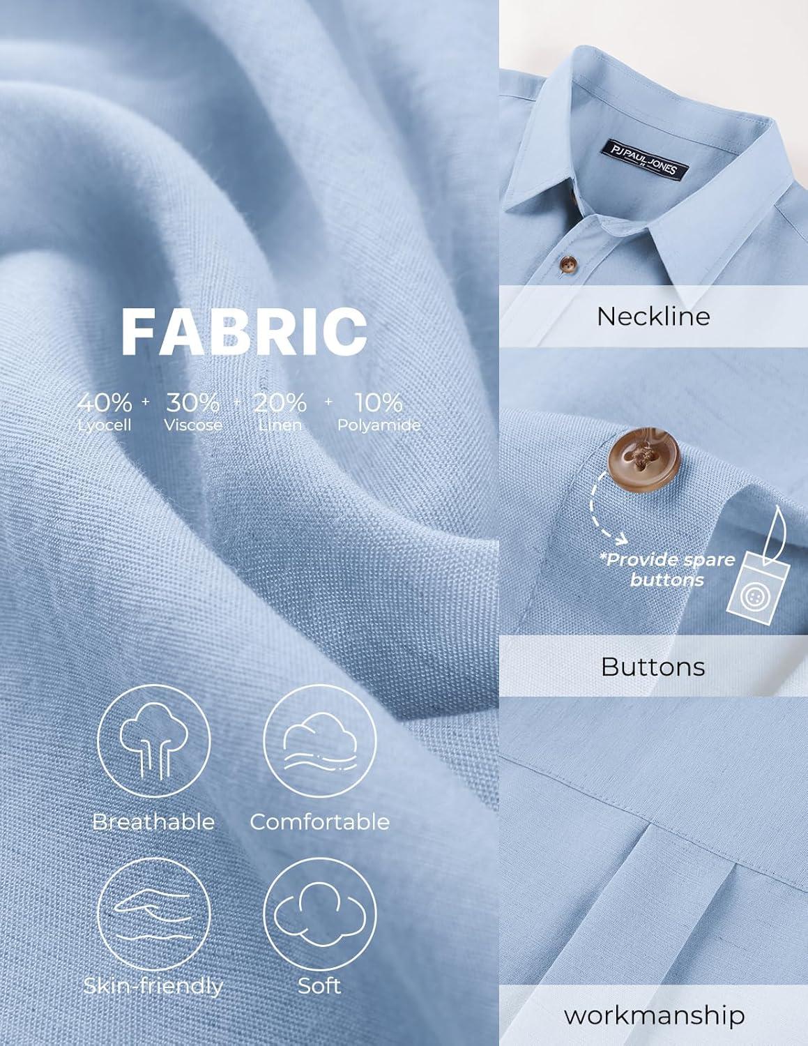 imagePJ PAUL JONES Mens Linen Shirts Short Sleeve Button Down Shirt Wrinkle Free Dress Shirt Casual Summer Shirt with PocketBlue