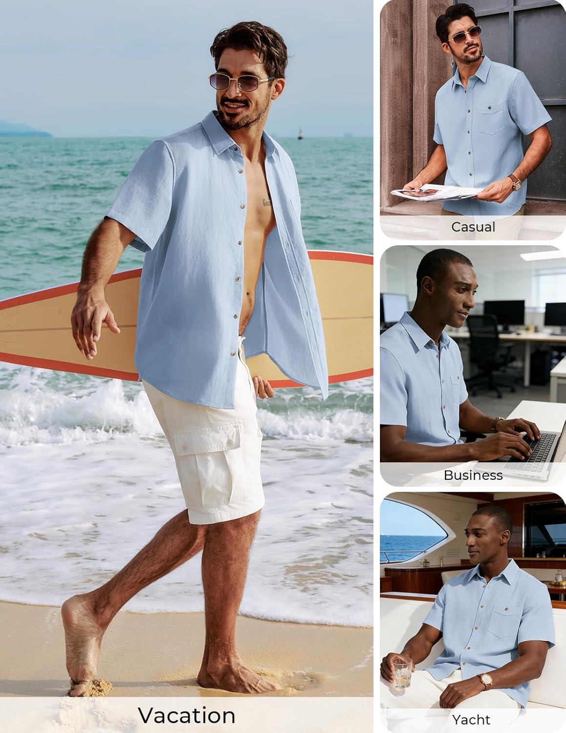 imagePJ PAUL JONES Mens Linen Shirts Short Sleeve Button Down Shirt Wrinkle Free Dress Shirt Casual Summer Shirt with PocketBlue