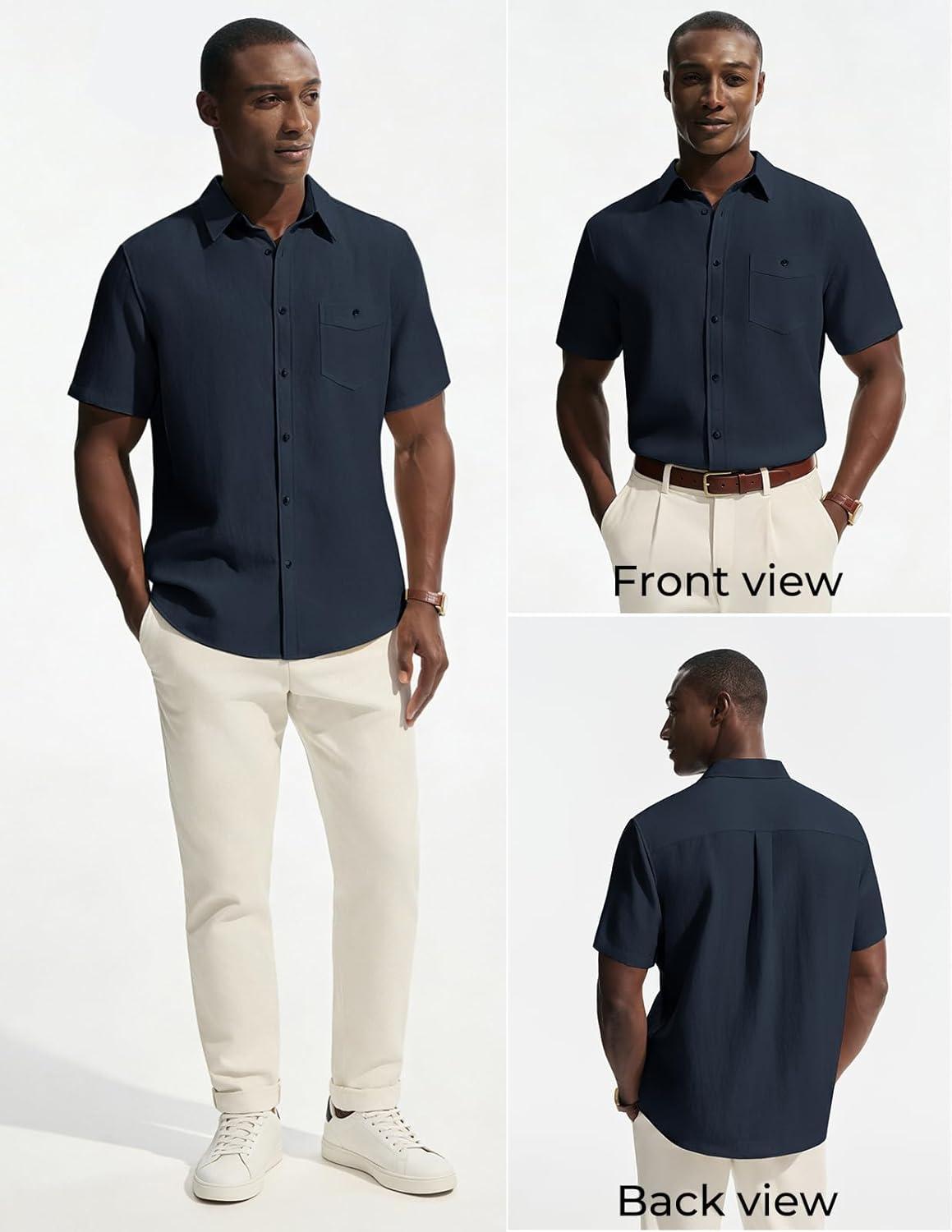 imagePJ PAUL JONES Mens Linen Shirts Short Sleeve Button Down Shirt Wrinkle Free Dress Shirt Casual Summer Shirt with PocketNavy Blue
