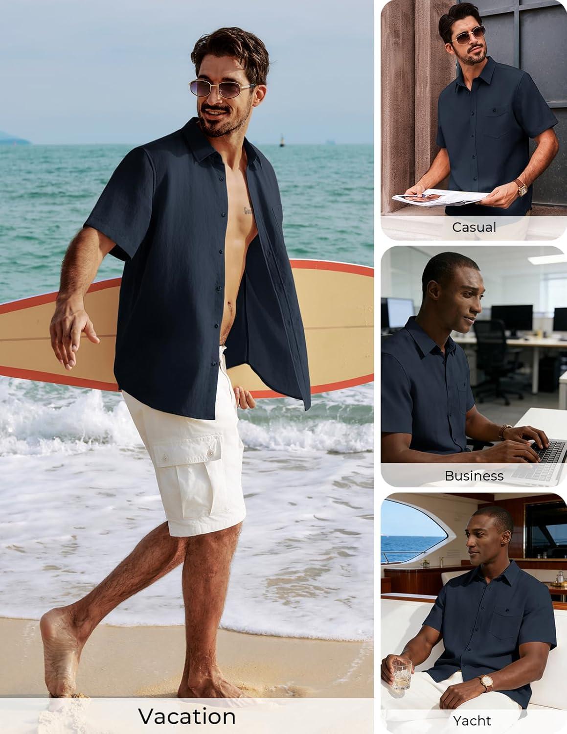 imagePJ PAUL JONES Mens Linen Shirts Short Sleeve Button Down Shirt Wrinkle Free Dress Shirt Casual Summer Shirt with PocketNavy Blue