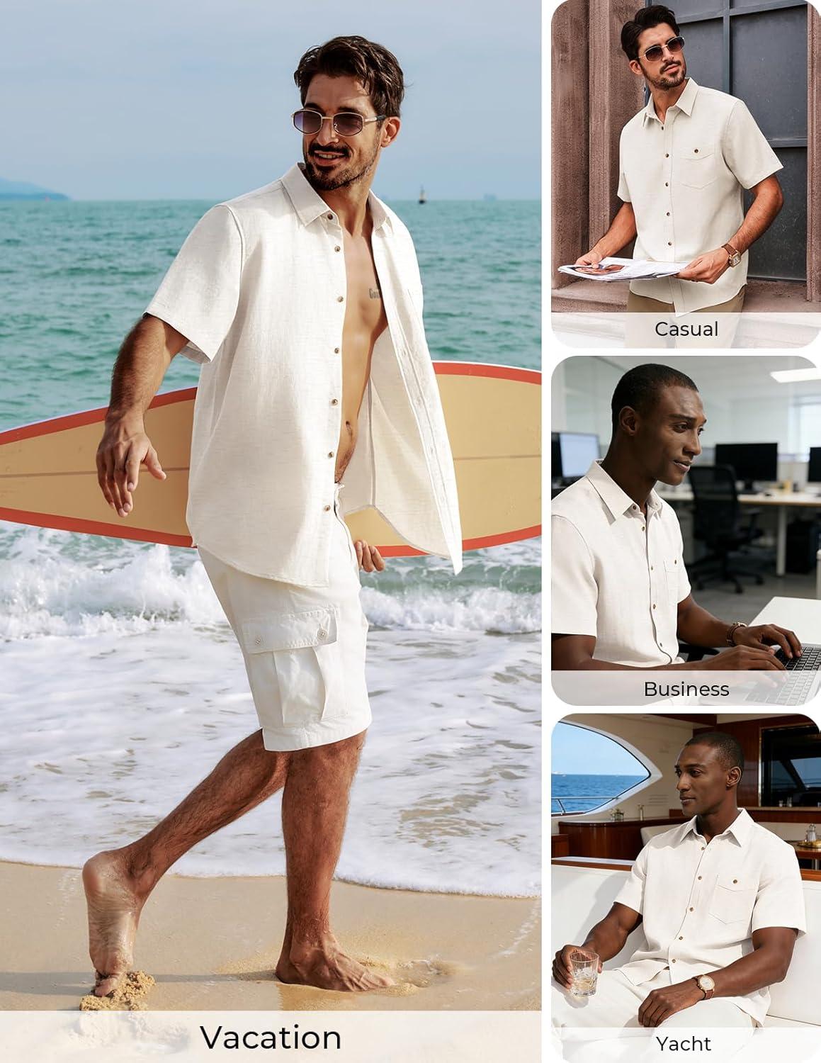 imagePJ PAUL JONES Mens Linen Shirts Short Sleeve Button Down Shirt Wrinkle Free Dress Shirt Casual Summer Shirt with PocketWhite