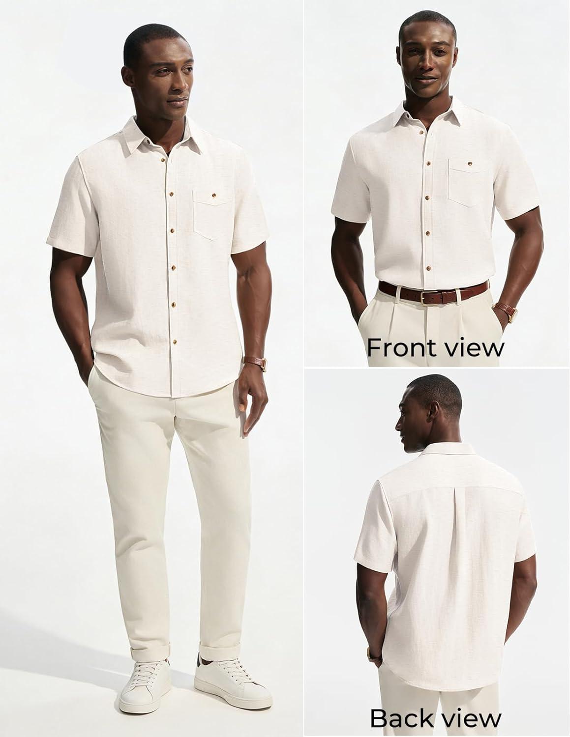 imagePJ PAUL JONES Mens Linen Shirts Short Sleeve Button Down Shirt Wrinkle Free Dress Shirt Casual Summer Shirt with PocketWhite