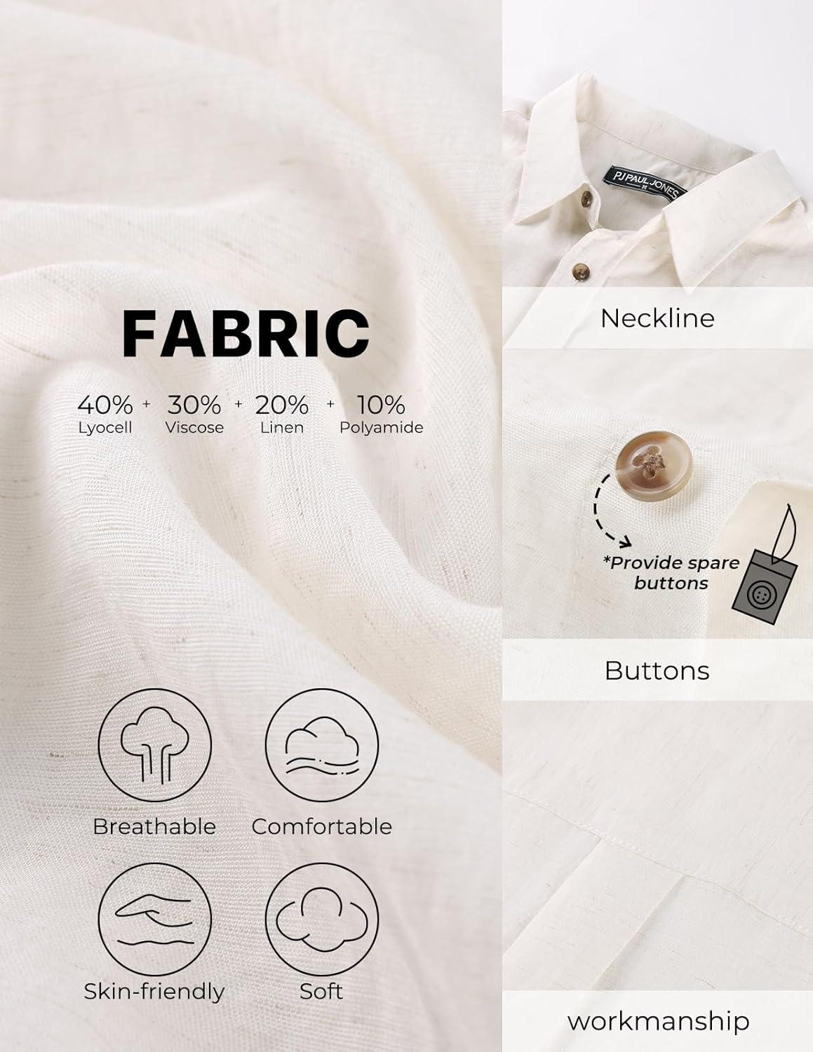 imagePJ PAUL JONES Mens Linen Shirts Short Sleeve Button Down Shirt Wrinkle Free Dress Shirt Casual Summer Shirt with PocketWhite