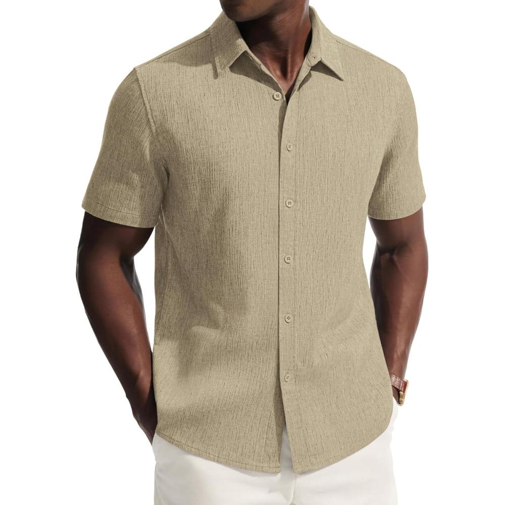 imagePJ PAUL JONES Mens Button Down Short Sleeve Shirt Casual Linen Summer Beach Vacation Shirts for MenApricot