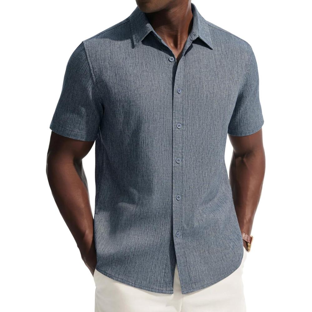 imagePJ PAUL JONES Mens Button Down Short Sleeve Shirt Casual Linen Summer Beach Vacation Shirts for MenDenim Blue