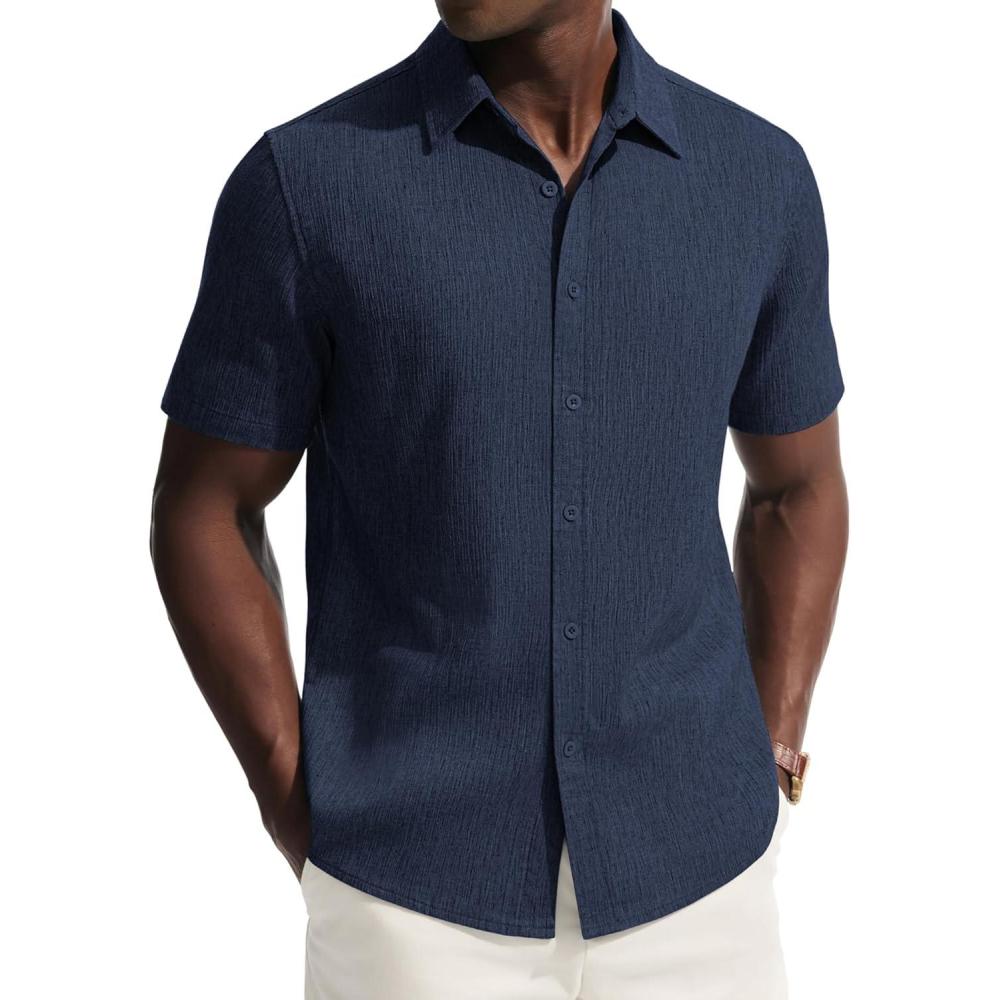 imagePJ PAUL JONES Mens Button Down Short Sleeve Shirt Casual Linen Summer Beach Vacation Shirts for MenNavy