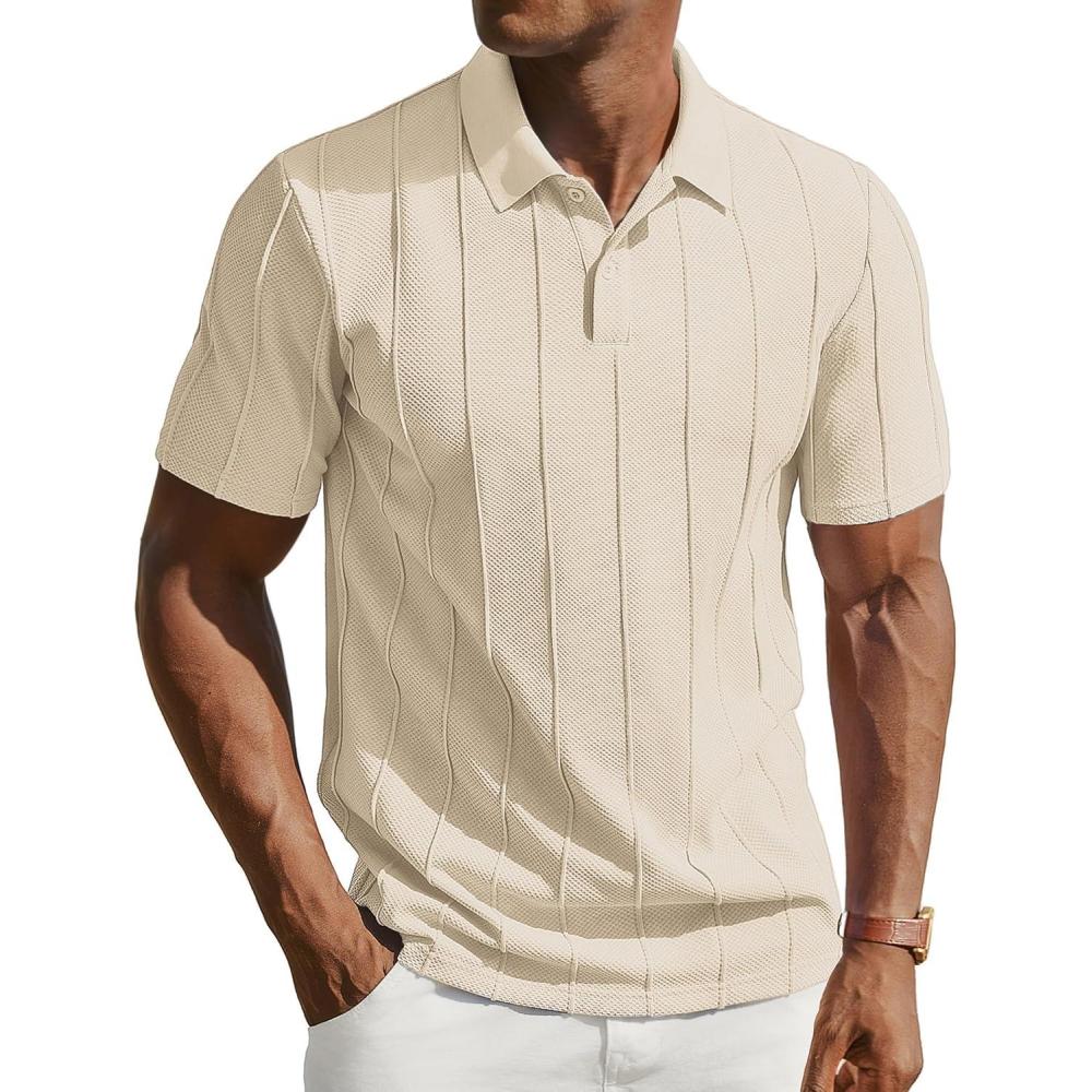 imagePJ PAUL JONES Mens Knit Polo Shirts Short Sleeve Textured Polo Golf Collared Shirt Casual Vacation Fashion TopsBeige