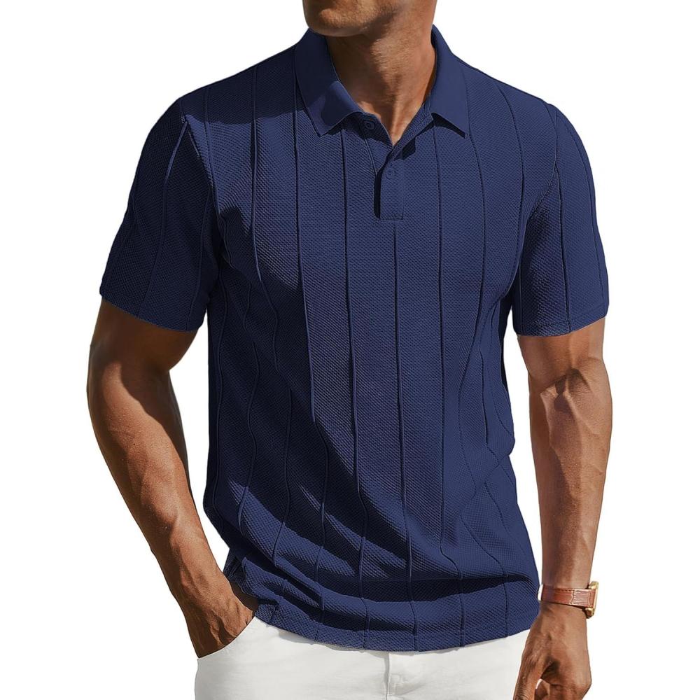 imagePJ PAUL JONES Mens Knit Polo Shirts Short Sleeve Textured Polo Golf Collared Shirt Casual Vacation Fashion TopsNavy Blue
