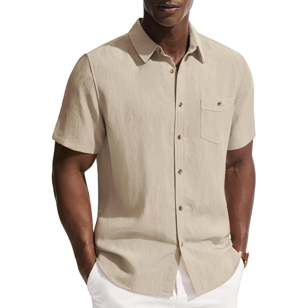 imagePJ PAUL JONES Mens Linen Shirts Short Sleeve Button Down Shirt Wrinkle Free Dress Shirt Casual Summer Shirt with PocketApricot