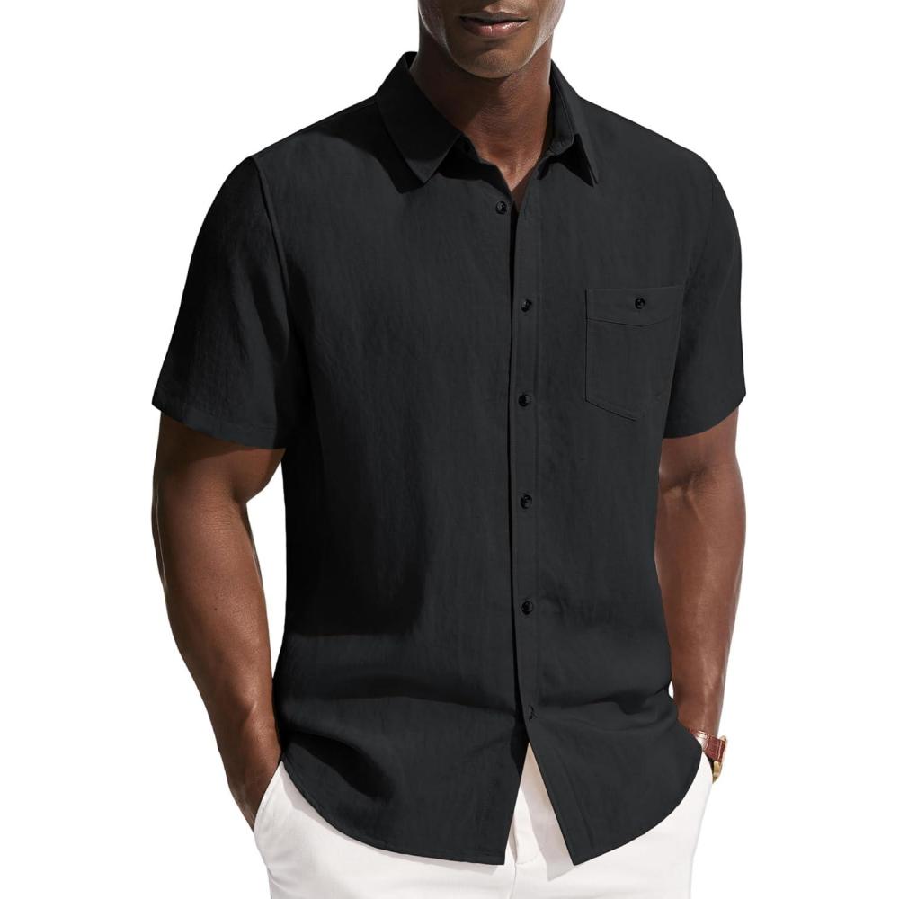 imagePJ PAUL JONES Mens Linen Shirts Short Sleeve Button Down Shirt Wrinkle Free Dress Shirt Casual Summer Shirt with PocketBlack