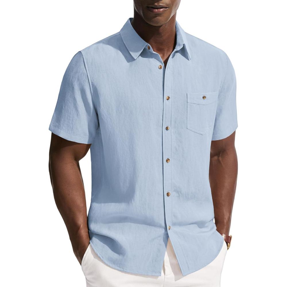 imagePJ PAUL JONES Mens Linen Shirts Short Sleeve Button Down Shirt Wrinkle Free Dress Shirt Casual Summer Shirt with PocketBlue