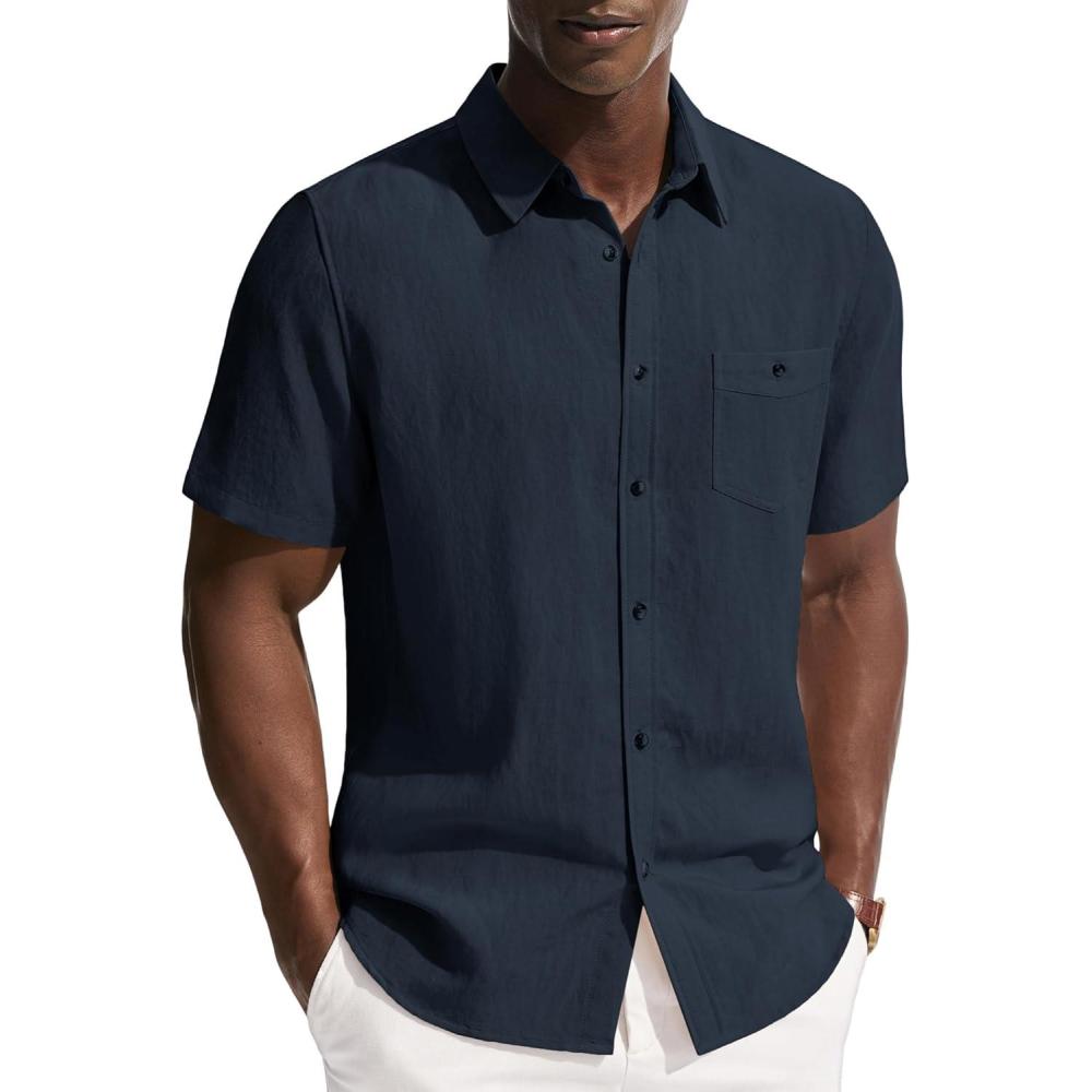 imagePJ PAUL JONES Mens Linen Shirts Short Sleeve Button Down Shirt Wrinkle Free Dress Shirt Casual Summer Shirt with PocketNavy Blue