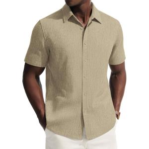 PJ PAUL JONES Mens Button Down Short Sleeve Shirt Casual Linen Summer Beach Vacation Shirts for Men(Apricot)