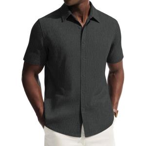PJ PAUL JONES Mens Button Down Short Sleeve Shirt Casual Linen Summer Beach Vacation Shirts for Men(Black)