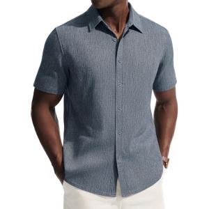 PJ PAUL JONES Mens Button Down Short Sleeve Shirt Casual Linen Summer Beach Vacation Shirts for Men(Denim Blue)