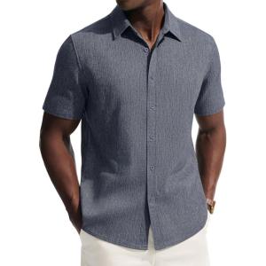PJ PAUL JONES Mens Button Down Short Sleeve Shirt Casual Linen Summer Beach Vacation Shirts for Men(Gray Blue)