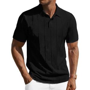PJ PAUL JONES Mens Knit Polo Shirts Short Sleeve Textured Polo Golf Collared Shirt Casual Vacation Fashion Tops(Black)