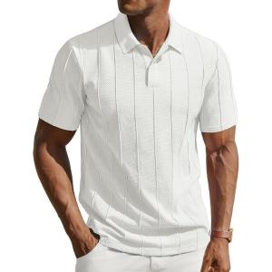 PJ PAUL JONES Mens Knit Polo Shirts Short Sleeve Textured Polo Golf Collared Shirt Casual Vacation Fashion Tops(White)
