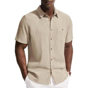 PJ PAUL JONES Mens Linen Shirts Short Sleeve Button Down Shirt Wrinkle Free Dress Shirt Casual Summer Shirt with Pocket(Apricot)